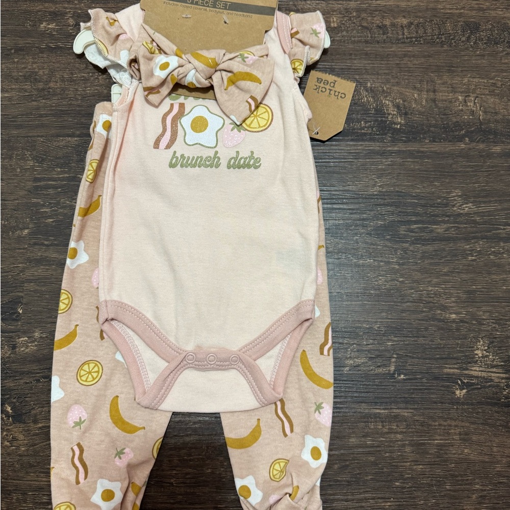 3/6 month Brunch Date Baby Outfit with Ruffle Sleeves. Pants have footsies